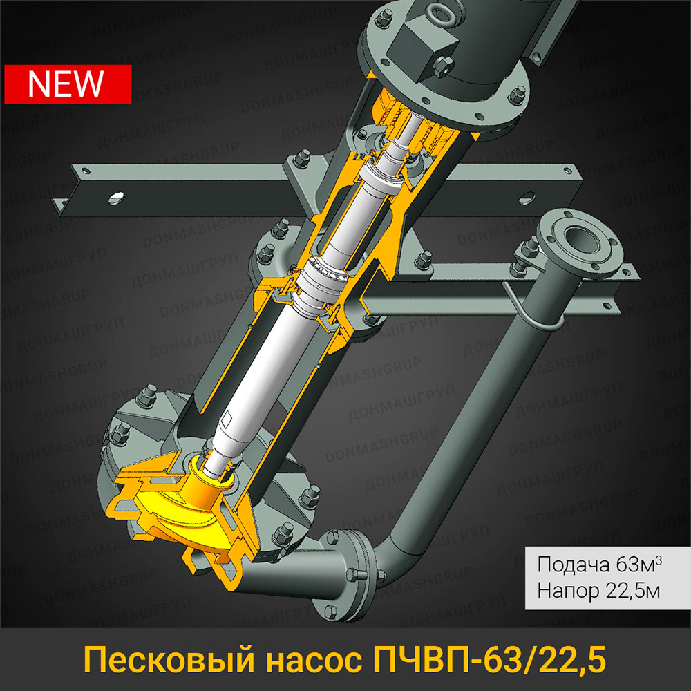 Изображение (3D модель) нового вертикального пескового насоса ПЧВП-63/22,5 в разрезе, производства ДОНМАШГРУП