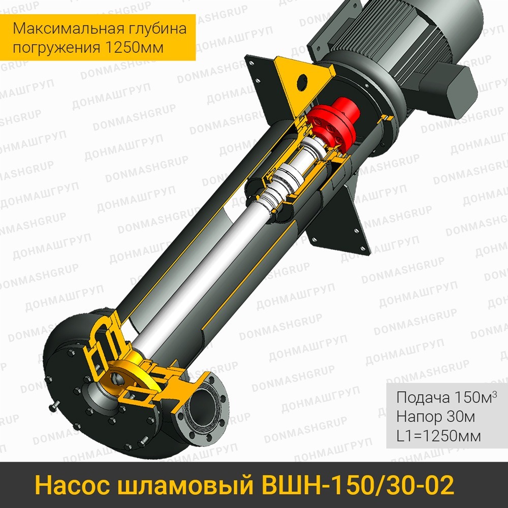 Изображение (3D модель в разрезе) вертикального шламового насоса ВШН-150/30-02 L1=1250 производства ДОНМАШГРУП