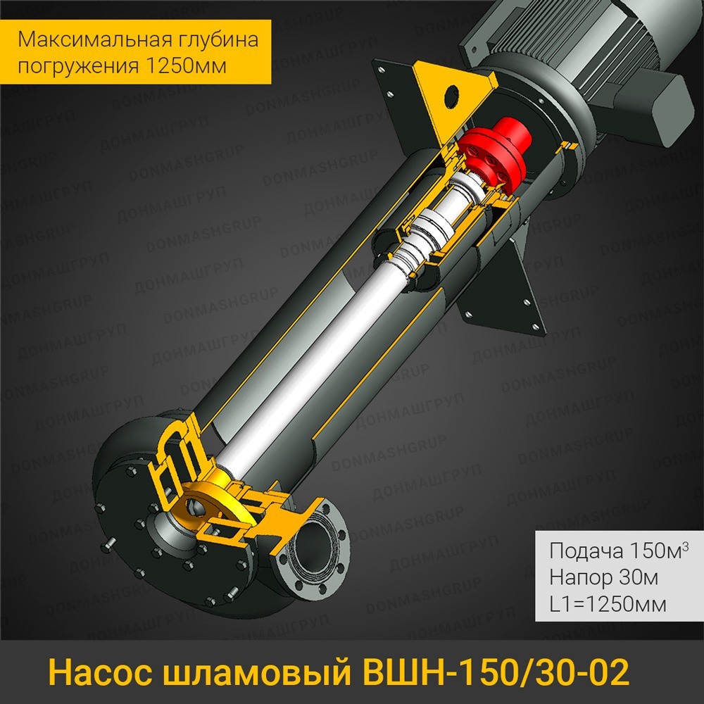 Изображение (3D модель в разрезе) вертикального шламового насоса ВШН-150/30-02 L1=1250 производства ДОНМАШГРУП