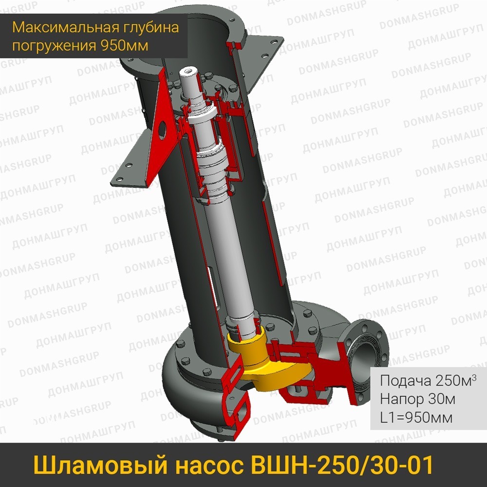 Изображение (3D модель в разрезе) полупогружного вертикального шламового насоса ВШН-250/30-01 L1=950 производства ДОНМАШГРУП