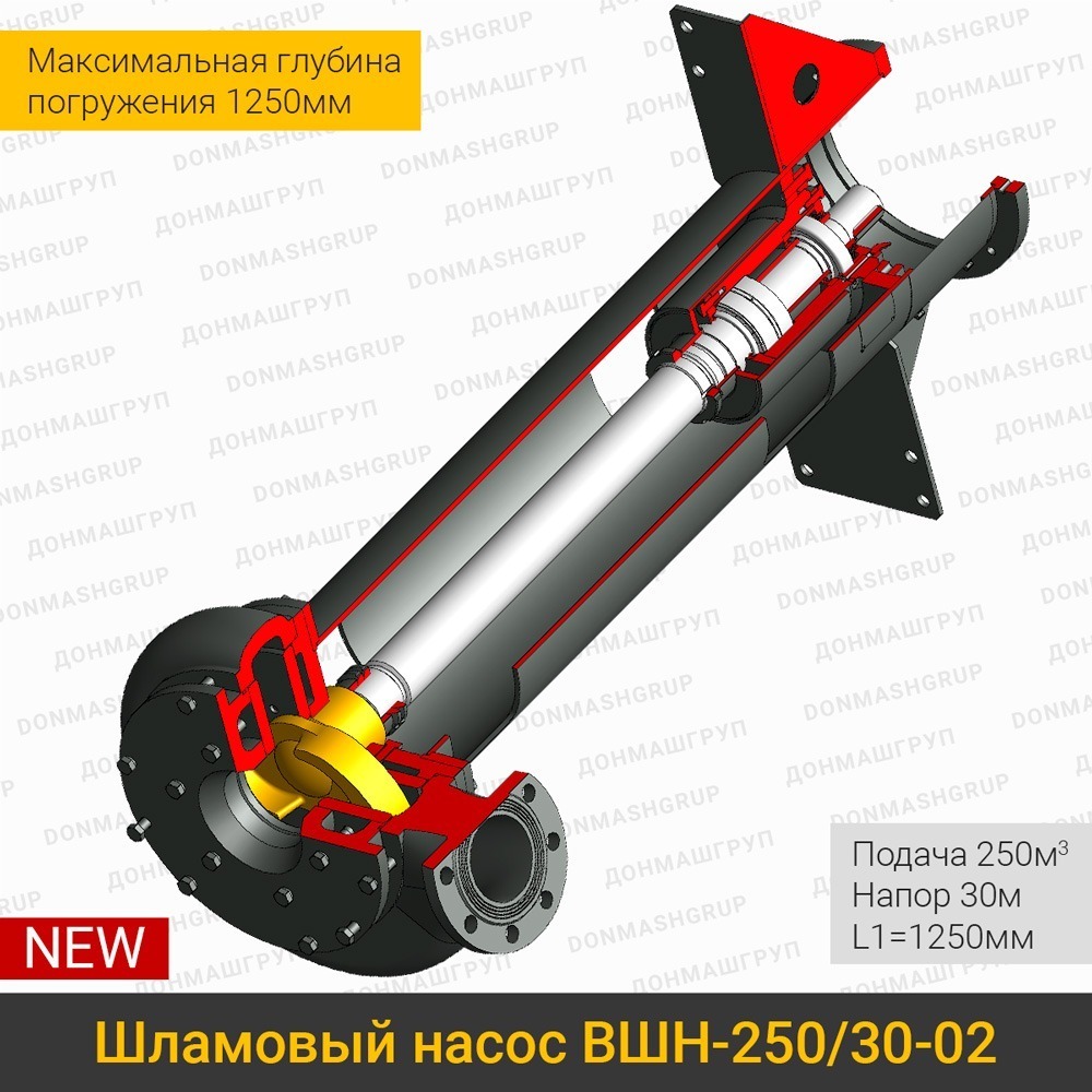 Изображение (3D модель в разрезе) полупогружного вертикального шламового насоса ВШН-250/30-02 L1=1250 производства ДОНМАШГРУП