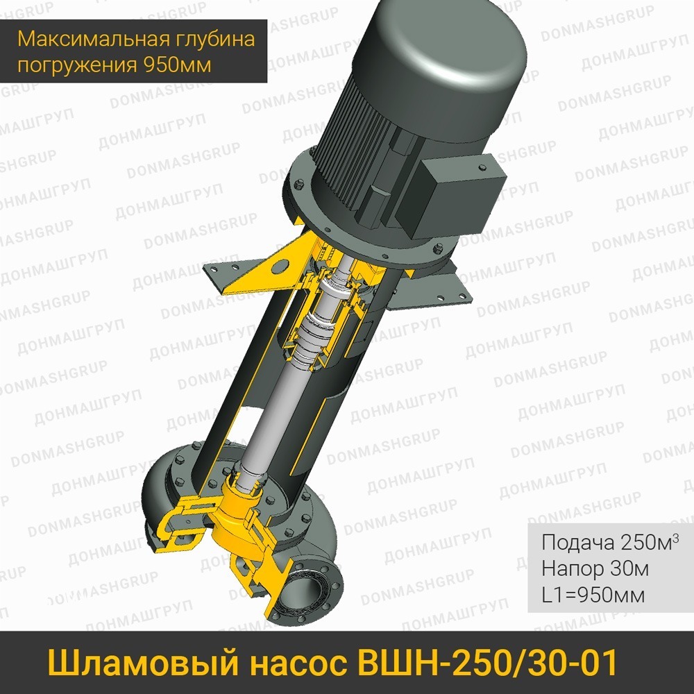 Изображение (3D модель в разрезе) полупогружного вертикального шламового насоса ВШН-250/30-01 L1=950 производства ДОНМАШГРУП