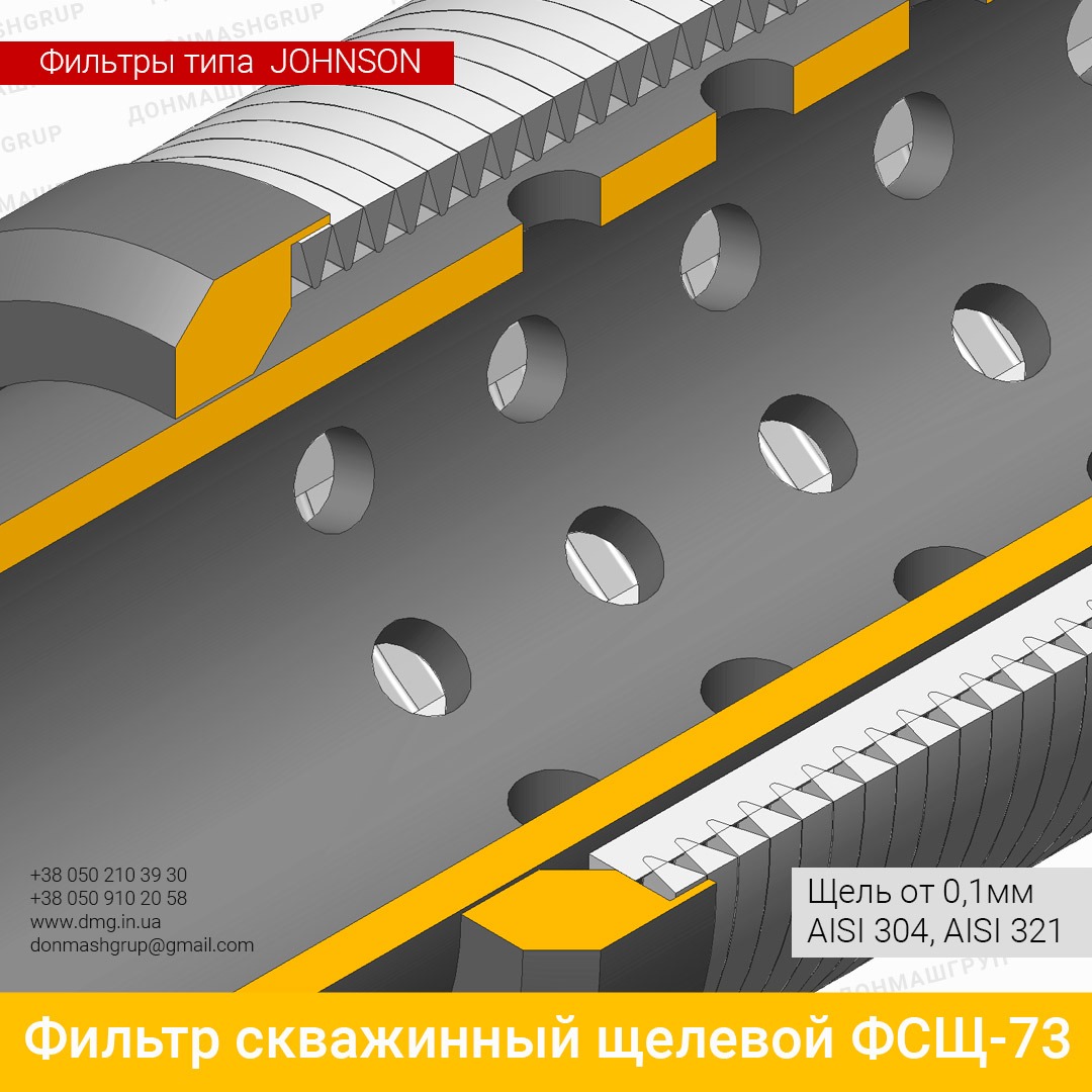 3D изображение в разрезе скважинного щелевого фильтра ФСЩ-73 из шпальтового сита производства ДОНМАШГРУПП